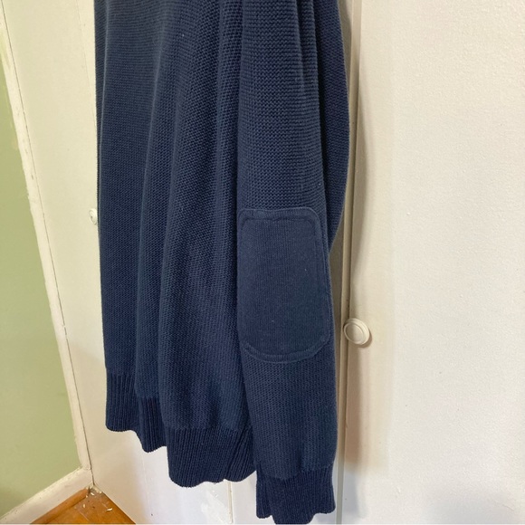 Grandpa Slouchy Cardigan Sweater John Bartlett Navy Blue Cotton  Patched Elbows - Picture 9 of 15